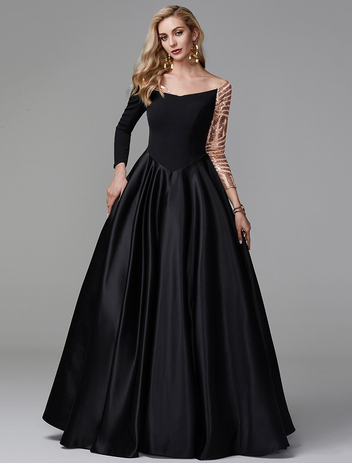 Ball Gown Black Dress Vintage Quinceanera Formal Evening Floor Length Long Sleeve Off Shoulder Satin with Sequin 2025